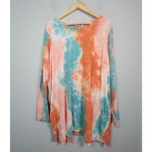LOGO Lori Goldstein 3X Orange Teal Tie Dye Knit Tunic Top Long Sleeve Stretch